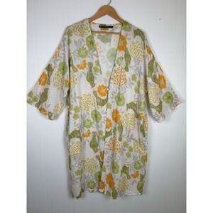 Gudrun Sjoden Women's Med Kimono Robe Organic Cotton Birds Flowers White Green